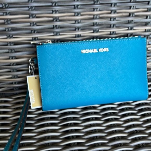 Michael Kors Large Double Zip Leather Wallet Wristlet Phone Case Lagoon - Picture 6 of 16